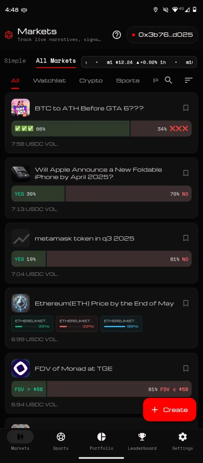 Arenaton mobile interface showing a Polymarket market, outcomes, price, and research context